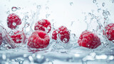 Red raspberries in water splashes on white background. Sweet  berry.