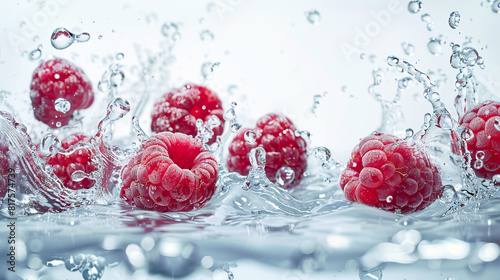 Red raspberries in water splashes on white background. Sweet berry.
