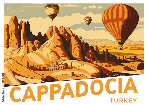 Cappadocia Turkey Travel Postcard Flat Color Vector in Vintage Style