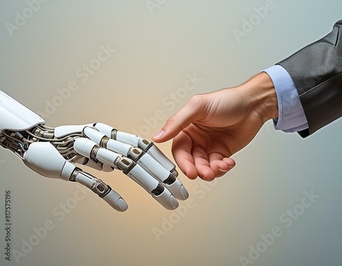  a symbolic handshake between a human and a robot, representing the intersection of humanity and technology. The human hand is clad in a suit, indicating a formal or business context, while the roboti photo