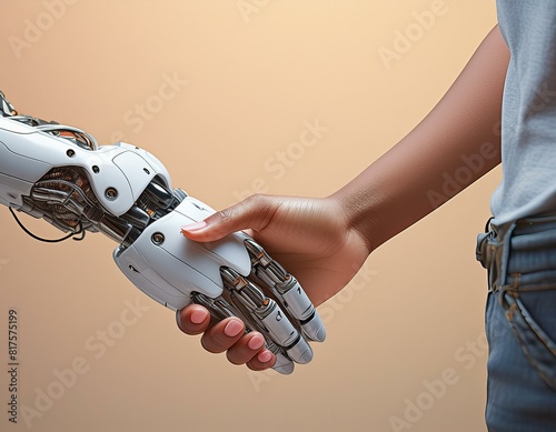  a symbolic handshake between a human and a robot, representing the intersection of humanity and technology. The human hand is clad in a suit, indicating a formal or business context, while the roboti photo