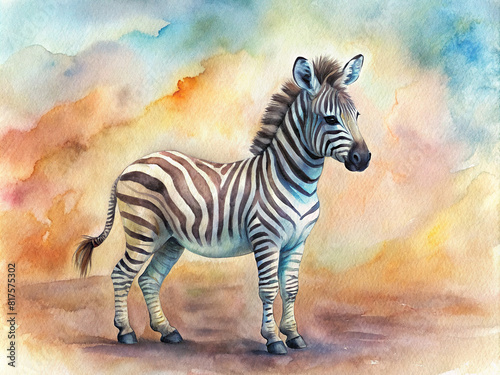 A baby zebra with striped fur standing in a watercolor savanna  looking playful.