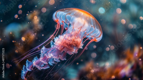 Translucent Jellyfish Floating in Blue Ocean Depths © huehustle