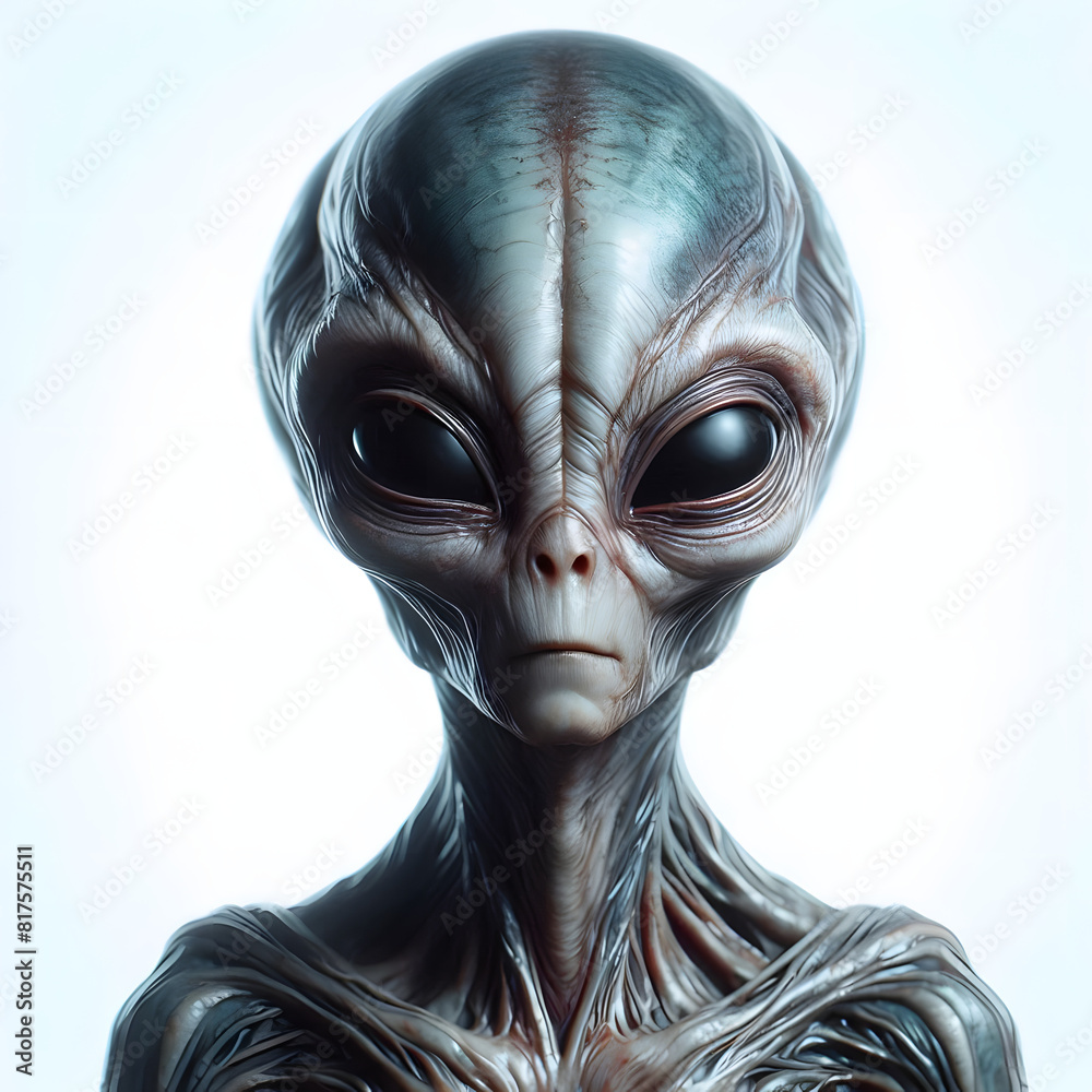 real grey alien portait on white background