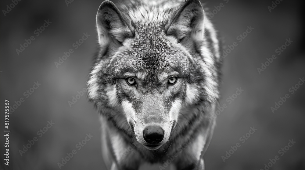 A greyscale close-up shot of an angry wolf with a blurred background Created By Generative Ai 