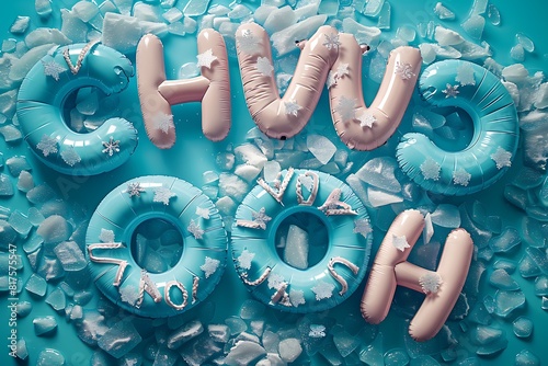 Winter season background with iced water with winter word written with blue inflatable pool floats photo