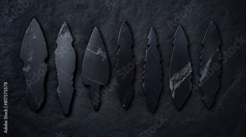 A set of ancient black obsidian arrowheads arranged neatly against a dark felt background, each piece catching the light differently. 32k, full ultra HD, high resolution photo