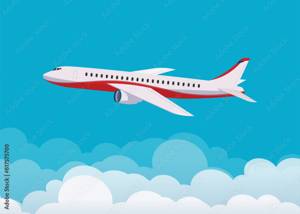 Airplane flying up against the sky , flying through clouds in the blue sky. Flat design style. Vector illustration Airplane flying up against the sky , flying through clouds in the blue sky. Flat design style. Vector illustration