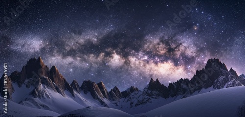 A silent mountain range under a starry sky, with the Milky Way vividly arching over snow-capped peaks, illuminated by moonlight. 32k, full ultra HD, high resolution photo