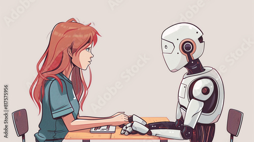 A girl and a robot engage in a thoughtful conversation at a table in a modern setting