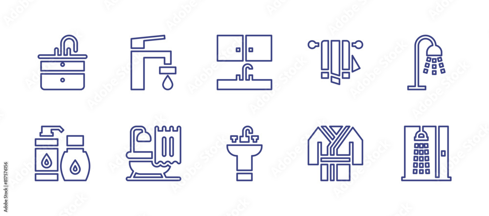 Bathroom line icon set. Editable stroke. Vector illustration. Containing bathtub, sink, towel, tap, cleanser, shower, bathrobe.