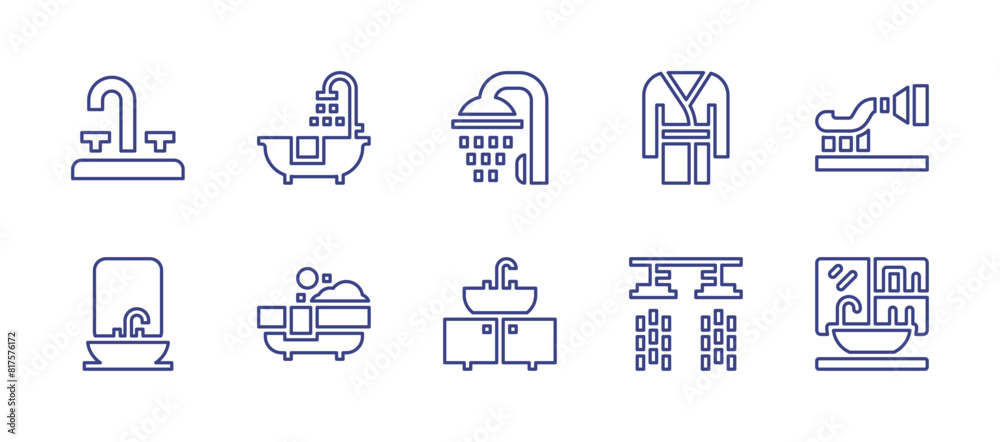 Bathroom line icon set. Editable stroke. Vector illustration. Containing faucet, shower, bathrobe, toothbrush, sink, bathtub.