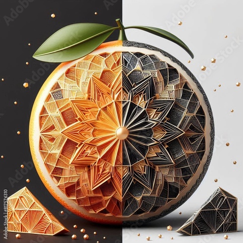 3D grapefruit design with a geometric mandala pattern design with black and metallic gold on a white background.