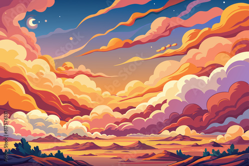 Vector illustration of a sunset over the mountains