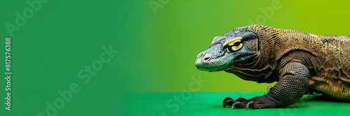 Majestic Komodo dragon web banner. Komodo dragon isolated on green background with copy space. photo