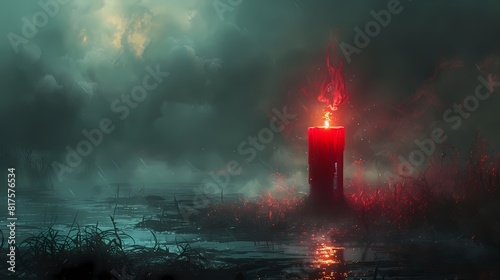 An artistic depiction of a red candle standing alone, its crimson hue intensified by the surrounding darkness photo