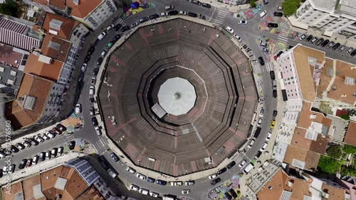 Drone footage top shot of Arroios market in Lisbon. photo