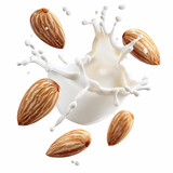 Whole almond nuts with flying in milk splash isolated on white background. Nuts in vegan liquid.