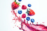 Blueberry, strawberry and raspberry flying in red juice splash on white background.