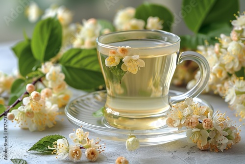 Herbal tea in a glass cup  scented with jasmine blossoms for a morning refreshment.
