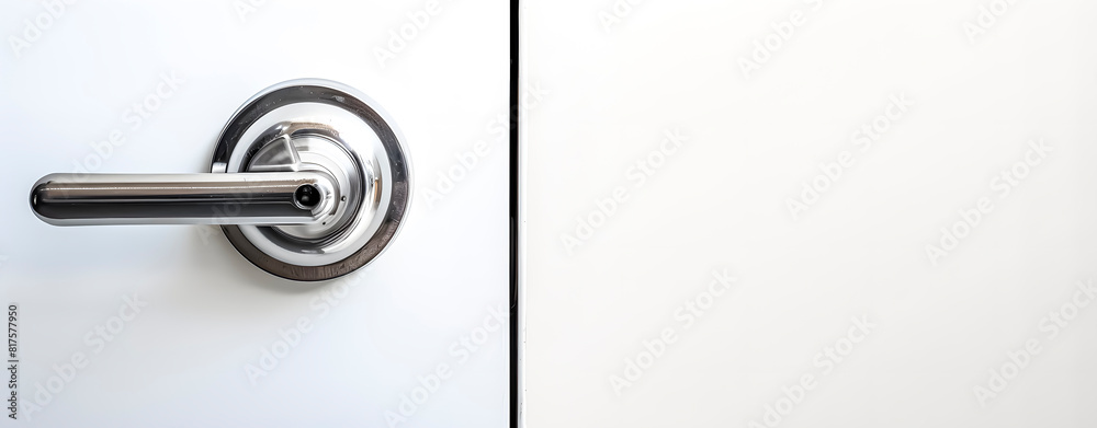 The silver knob of a white door. Space for text. The silver knob of a white door. Space for text.
