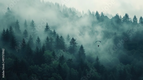 Tranquil scene of a skydiver floating above a misty forest at dawn  with soft light filtering through the trees   