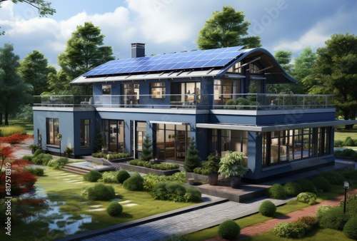 Modern Three-Story House with Solar Panels and Lush Garden