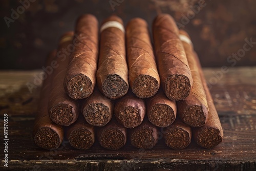 A stack of cigars placed neatly on a wooden table against a dark background