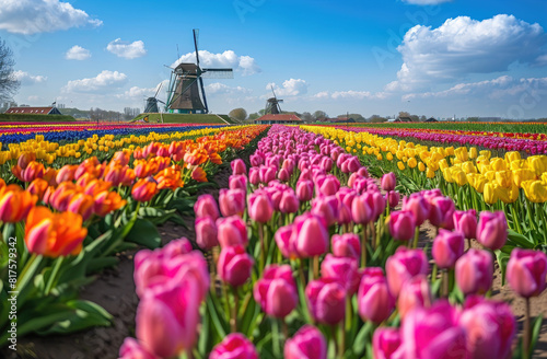 A colorful tulip field with windmills in the background, showcasing Dutch landscapes and floral beauty