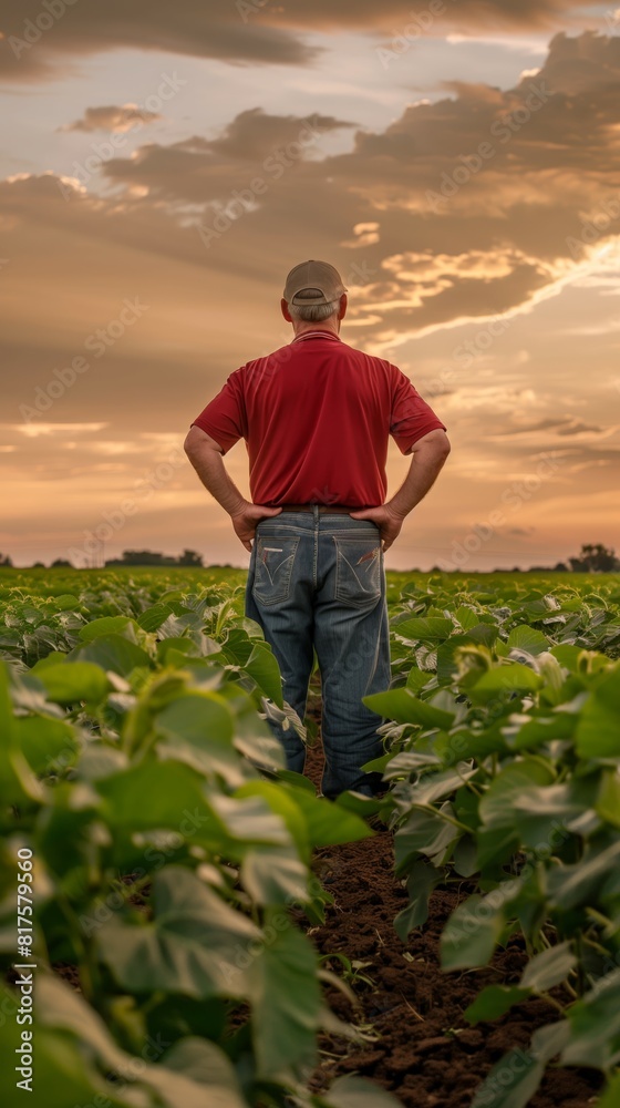 A farmer stands with hands on hips, gazing over a lush field under a vibrant sunset, symbolizing hard work and dedication. A farmer stands with hands on hips, gazing over a lush field under a vibrant sunset, symbolizing hard work and dedication.