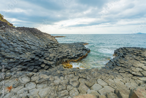 View of Ganh Da Dia or Da Dia Reef is a seashore area of uniformly interlocking basalt rock columns located along the coast in Tuy An town, Phu Yen Province, Vietnam