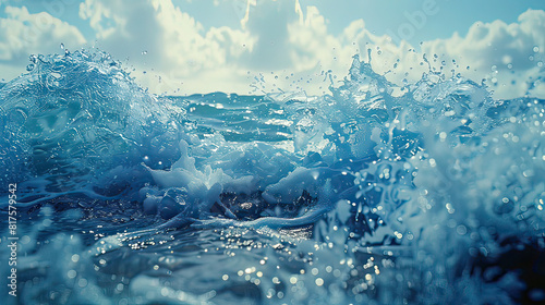 Hyperrealistic ocean wave crashing against rocks, water droplets in mid-air, high shutter speed, deep blues, natural light photo