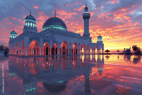 Mosque during sunset. Islamic New Year. The day of the beginning of the year according to the Islamic calendar, the first day of the month of Muharram. Muslim, tradition, religion, moon.  photo