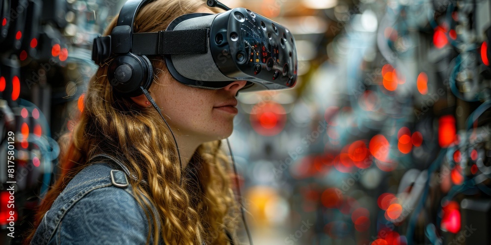 Woman Wearing Virtual Reality Headset in Data Center Woman Wearing Virtual Reality Headset in Data Center