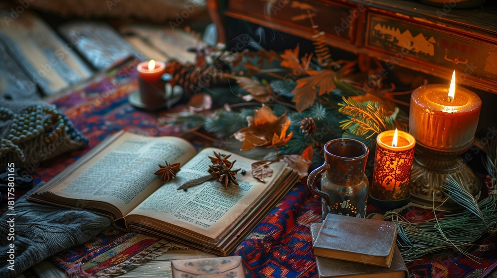 A warm, candlelit setting featuring an open book, autumn decorations, and a cozy ambiance, perfect for a relaxing evening.
