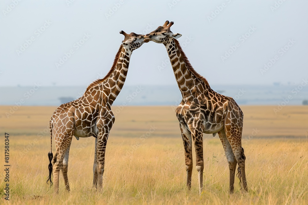 Fototapeta premium Two Giraffes in Tender Interaction on a Serene Savannah. Nature's Grace Captured. Clear, Sharp Image. Wildlife Scene. Generative AI