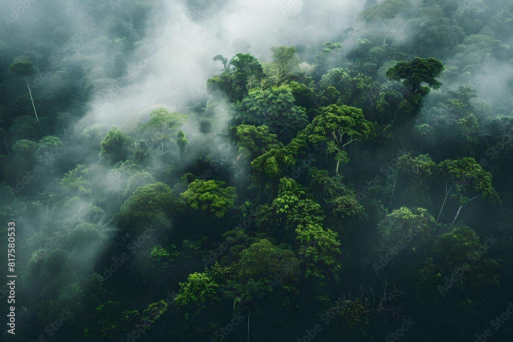 Fototapeta premium Misty Tropical Rainforest Canopy, Trees Shrouded in Fog. Peaceful and Mysterious Nature Scene. Ideal for Backgrounds. Generative AI