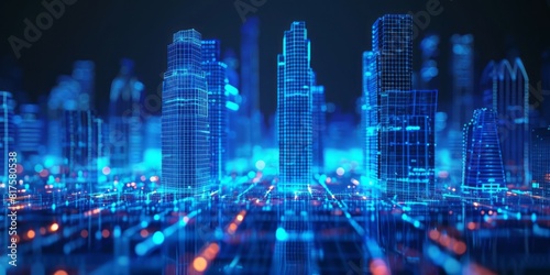 Futuristic City With Blue Lights and Buildings