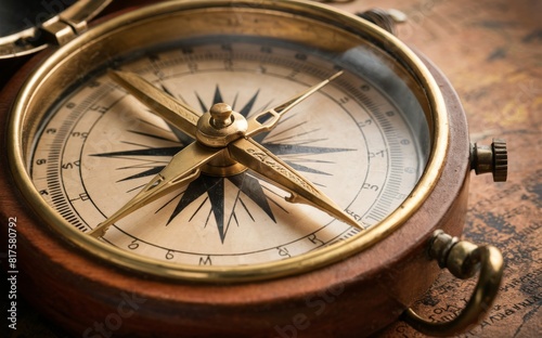 Detailed Close-Up of a Vintage Brass Compass on Antique Map