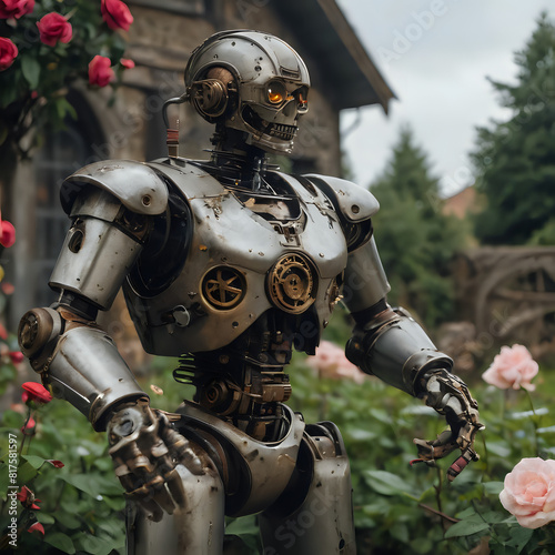 a robot that is standing in a garden