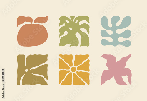 Boho Summer Beach Illustration Set. Groovy Geometric Palm Leaf, Coral and Flower. Vector Abstract Square Tropical Icons in Freehand Retro Style for Logo, Print, Pattern, Poster, Web Design