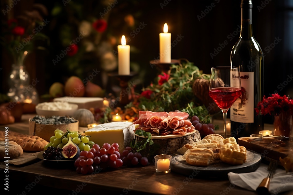 Still life with wine, cheese, bread and snacks on a dark background Still life with wine, cheese, bread and snacks on a dark background