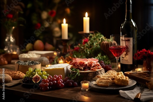 Still life with wine, cheese, bread and snacks on a dark background © Md Mojammel