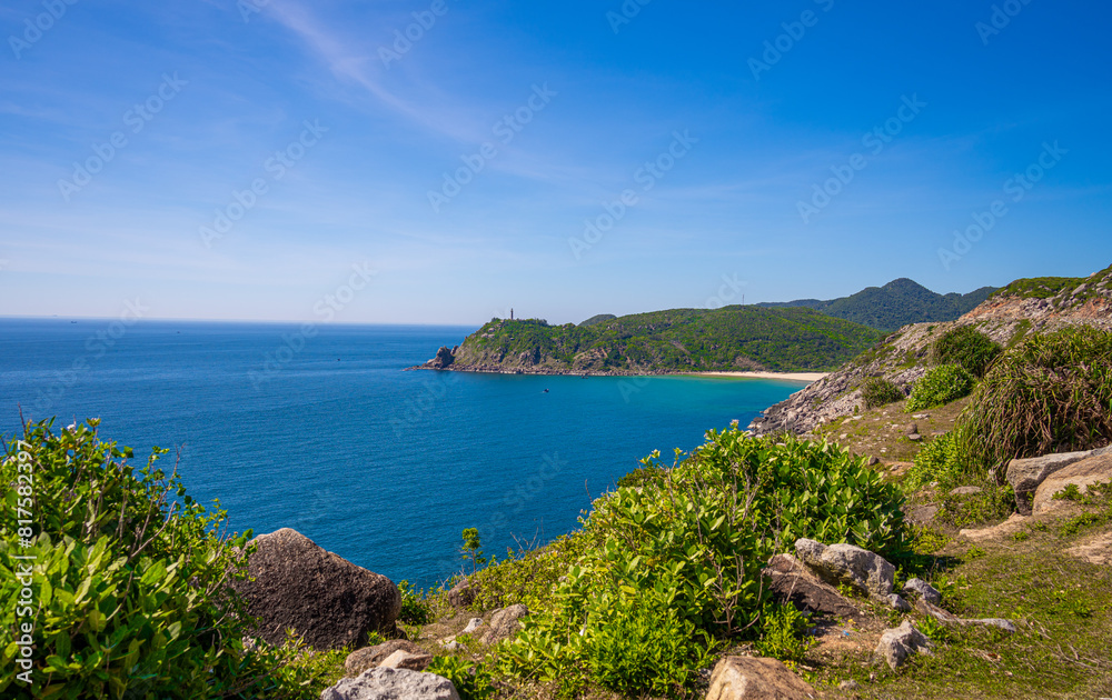 Obraz premium Aerial of Dai Lanh Lighthouse, Phu Yen province. This place is considered the first place to receive sunshine on the mainland of Vietnam.