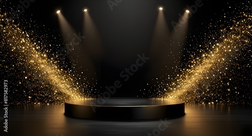 Background black podium stage gold award glitter light 3d platform product golden pedestal. Podium show black background abstract elegant ceremony dark display spotlight effect confetti night scene