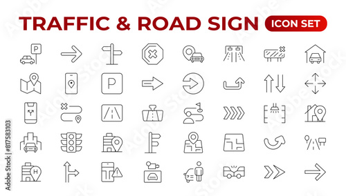 Road and traffic line icons collection. Street, transport, fuel, vehicle, location, car service icons. UI icon set. Thin outline pack. Way direction arrow sign. Roadsigns. Outline icon collection.