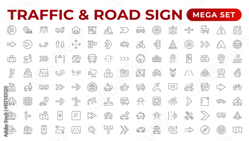 Road and traffic line icons collection. Street, transport, fuel, vehicle, location, car service icons. UI icon set. Thin outline pack. Way direction arrow sign. Roadsigns. Outline icon collection.