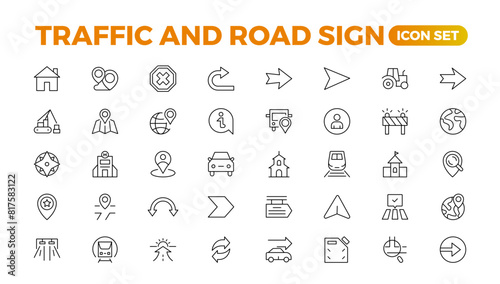 Road and traffic line icons collection. Street, transport, fuel, vehicle, location, car service icons. UI icon set. Thin outline pack. Way direction arrow sign. Roadsigns. Outline icon collection.