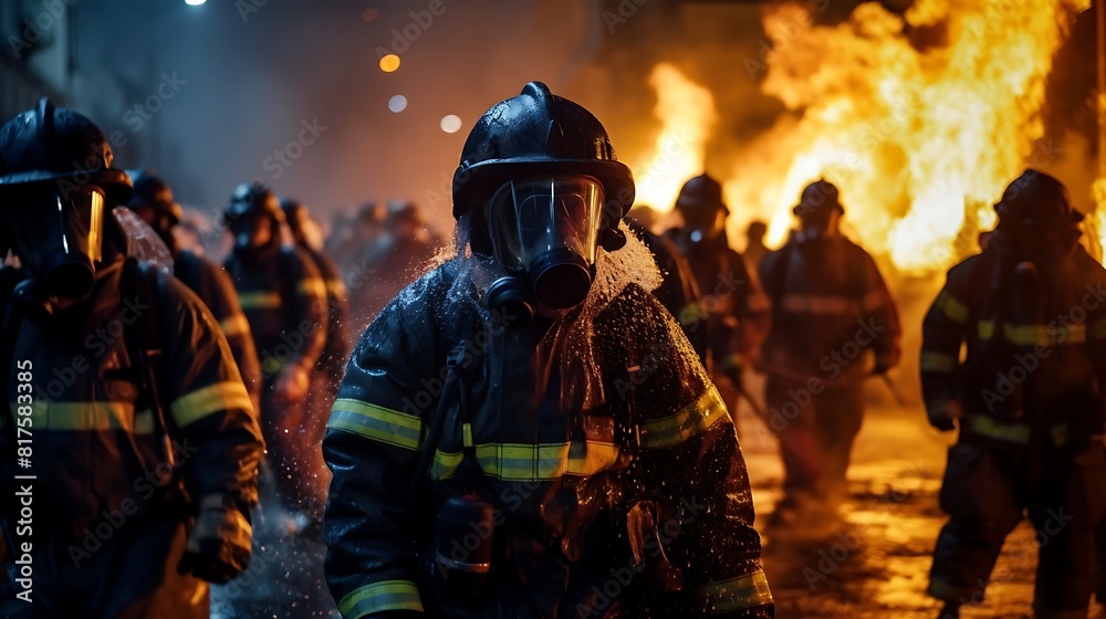 Firefighters extinguish a fire in the city at night. Firefighters fighting a fire. Firefighters extinguish a fire in the city at night. Firefighters fighting a fire.