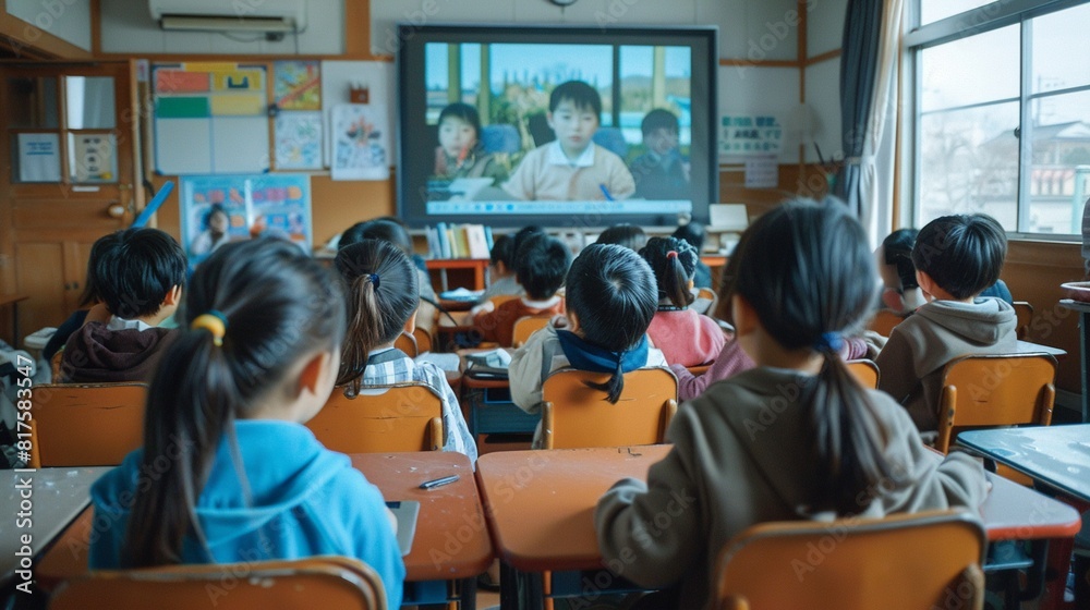 An elementary school classroom buzzes with excitement as students learn Japanese from a native speaker via a laptop screen 8K , high-resolution, ultra HD,up32K HD An elementary school classroom buzzes with excitement as students learn Japanese from a native speaker via a laptop screen 8K , high-resolution, ultra HD,up32K HD
